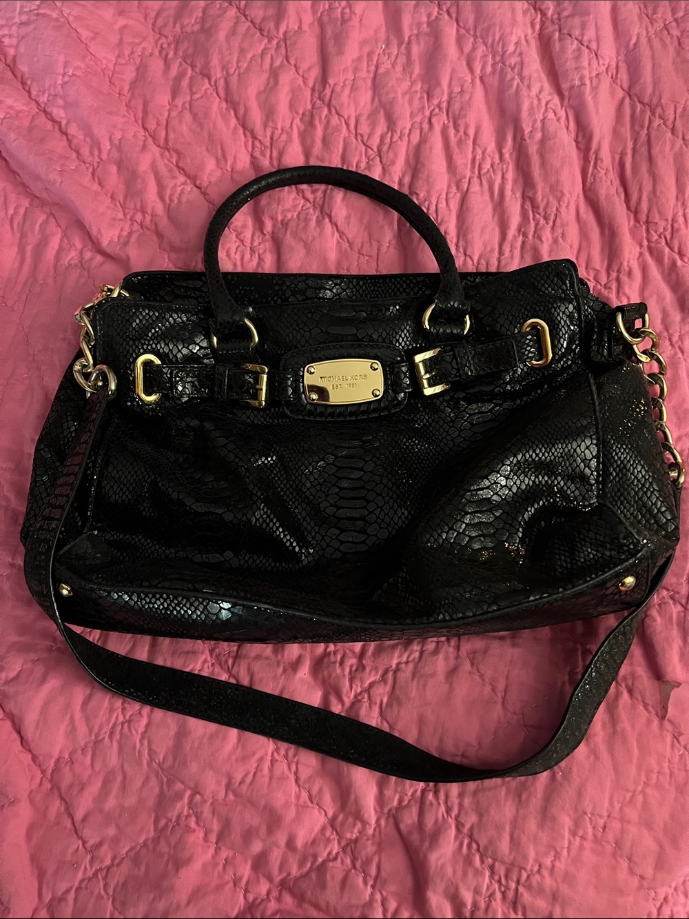 Michael Kors Black Faux-Snake Satchel with Gold Hardware